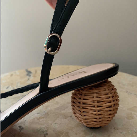 Kate Spade Valencia Sandals Black Size 8 Woven Raffia Ball Heel - Picture 4 of 13